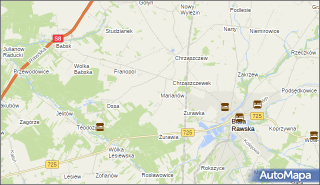 mapa Marianów gmina Biała Rawska, Marianów gmina Biała Rawska na mapie Targeo