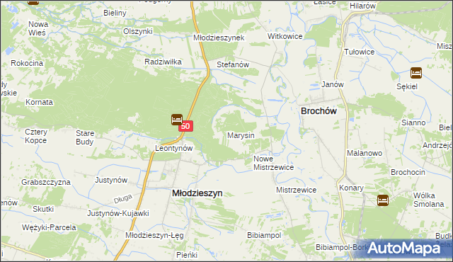 mapa Marysin gmina Młodzieszyn, Marysin gmina Młodzieszyn na mapie Targeo