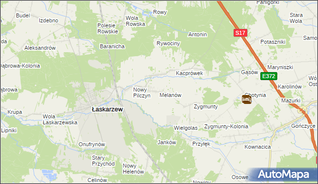 mapa Melanów gmina Łaskarzew, Melanów gmina Łaskarzew na mapie Targeo
