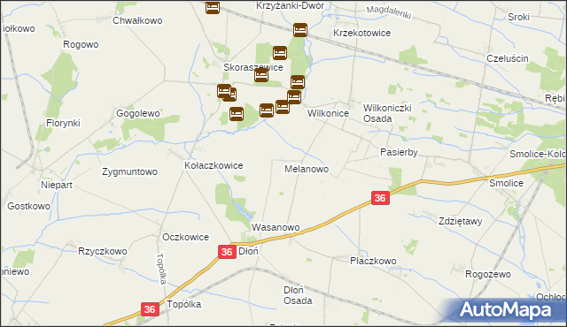mapa Melanowo gmina Miejska Górka, Melanowo gmina Miejska Górka na mapie Targeo