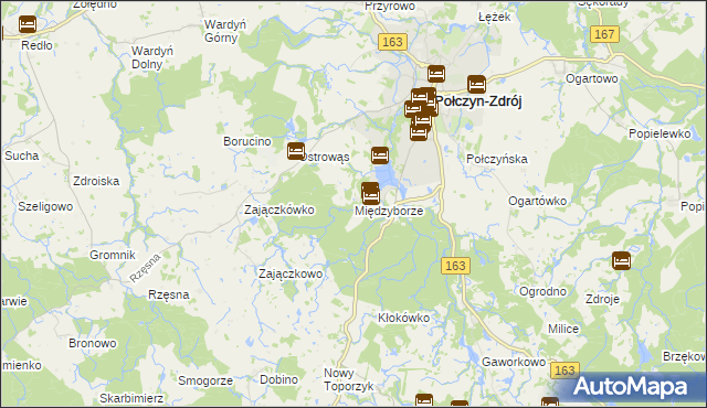 mapa Międzyborze gmina Połczyn-Zdrój, Międzyborze gmina Połczyn-Zdrój na mapie Targeo