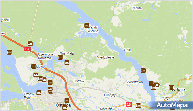 mapa Międzylesie gmina Ostróda, Międzylesie gmina Ostróda na mapie Targeo
