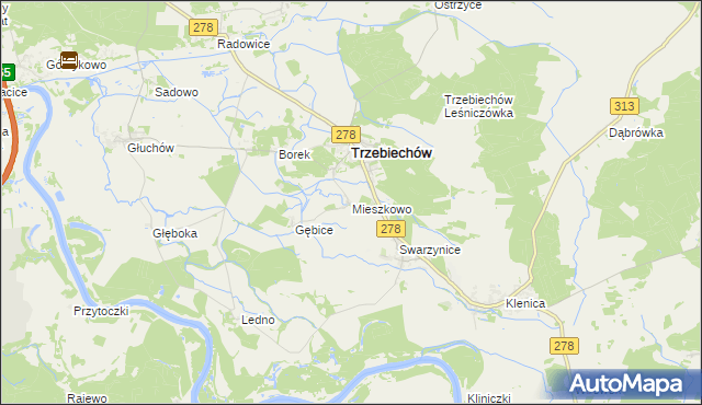 mapa Mieszkowo gmina Trzebiechów, Mieszkowo gmina Trzebiechów na mapie Targeo