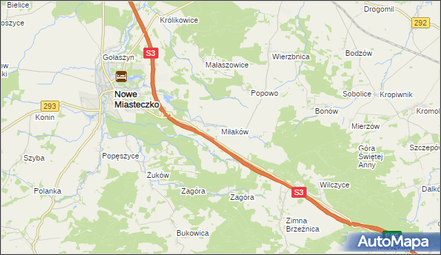 mapa Miłaków gmina Nowe Miasteczko, Miłaków gmina Nowe Miasteczko na mapie Targeo