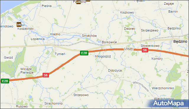 mapa Miłogoszcz gmina Będzino, Miłogoszcz gmina Będzino na mapie Targeo