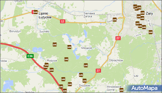 mapa Miłowice gmina Żary, Miłowice gmina Żary na mapie Targeo