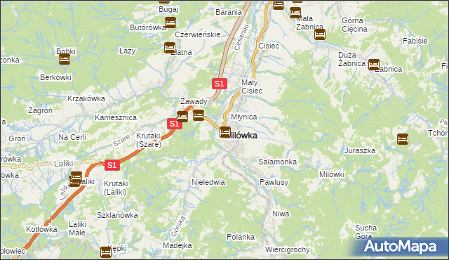 mapa Milówka powiat żywiecki, Milówka powiat żywiecki na mapie Targeo