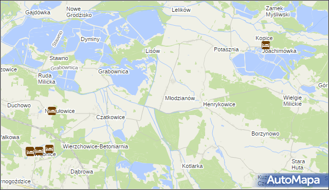mapa Młodzianów gmina Milicz, Młodzianów gmina Milicz na mapie Targeo