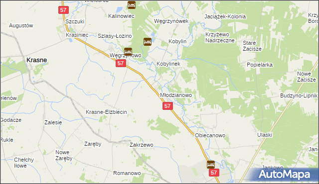 mapa Młodzianowo gmina Płoniawy-Bramura, Młodzianowo gmina Płoniawy-Bramura na mapie Targeo