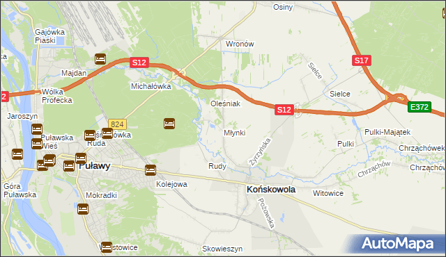 mapa Młynki gmina Końskowola, Młynki gmina Końskowola na mapie Targeo