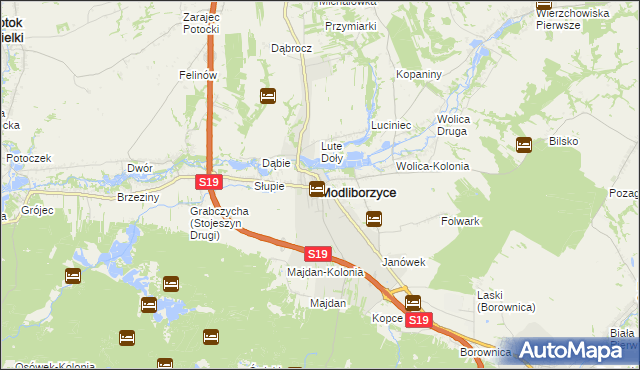 mapa Modliborzyce powiat janowski, Modliborzyce powiat janowski na mapie Targeo