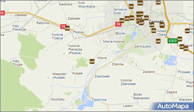 mapa Mokre gmina Zamość, Mokre gmina Zamość na mapie Targeo