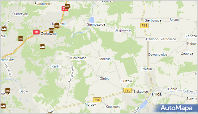 mapa Mokrus gmina Ogrodzieniec, Mokrus gmina Ogrodzieniec na mapie Targeo