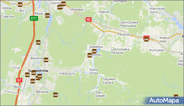 mapa Mostki gmina Suchedniów, Mostki gmina Suchedniów na mapie Targeo