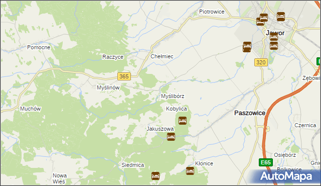 mapa Myślibórz gmina Paszowice, Myślibórz gmina Paszowice na mapie Targeo