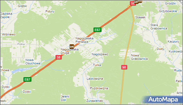 mapa Nagoszewo gmina Ostrów Mazowiecka, Nagoszewo gmina Ostrów Mazowiecka na mapie Targeo