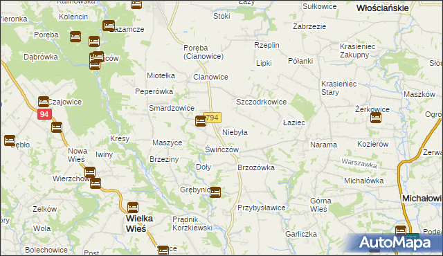 mapa Niebyła gmina Skała, Niebyła gmina Skała na mapie Targeo