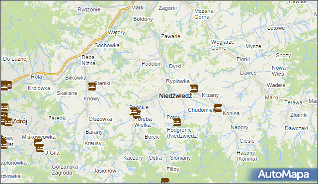 mapa Niedźwiedź powiat limanowski, Niedźwiedź powiat limanowski na mapie Targeo