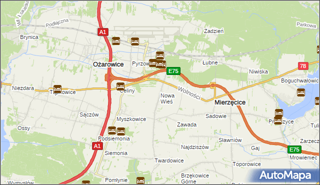 mapa Nowa Wieś gmina Mierzęcice, Nowa Wieś gmina Mierzęcice na mapie Targeo