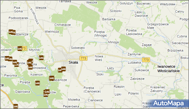 mapa Nowa Wieś gmina Skała, Nowa Wieś gmina Skała na mapie Targeo