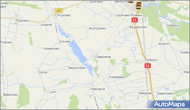 mapa Objezierze gmina Oborniki, Objezierze gmina Oborniki na mapie Targeo