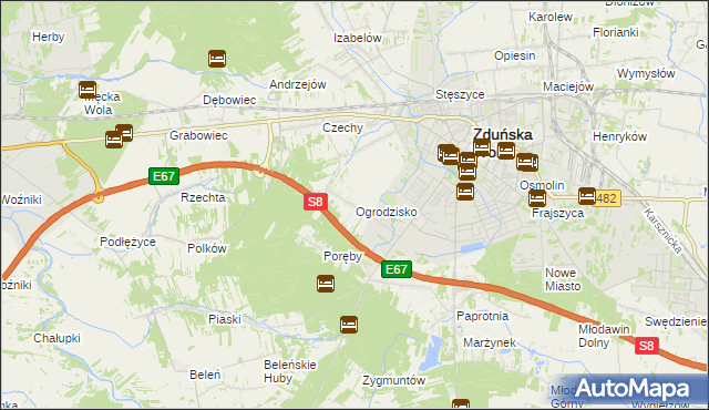 mapa Ogrodzisko gmina Zduńska Wola, Ogrodzisko gmina Zduńska Wola na mapie Targeo