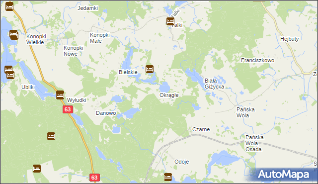 mapa Okrągłe gmina Wydminy, Okrągłe gmina Wydminy na mapie Targeo