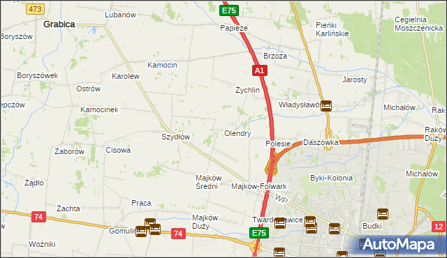 mapa Olendry gmina Grabica, Olendry gmina Grabica na mapie Targeo