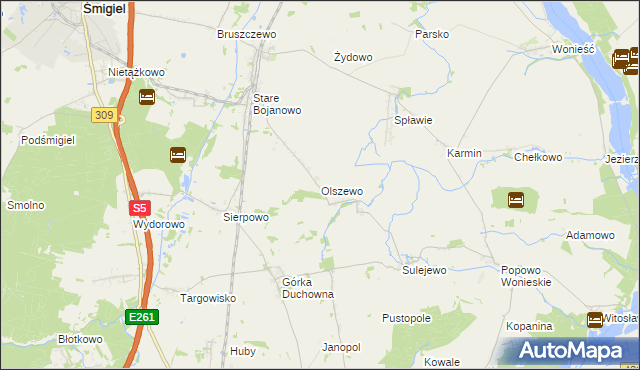 mapa Olszewo gmina Śmigiel, Olszewo gmina Śmigiel na mapie Targeo