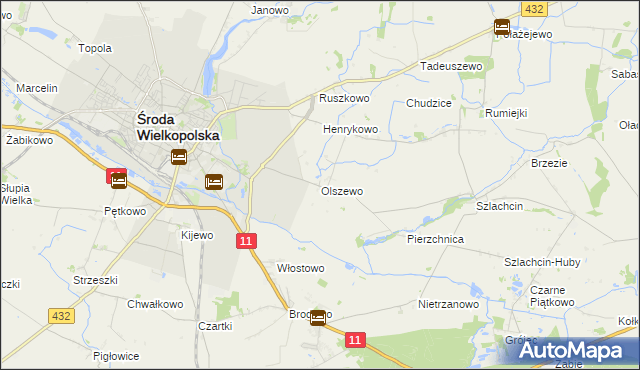 mapa Olszewo gmina Środa Wielkopolska, Olszewo gmina Środa Wielkopolska na mapie Targeo
