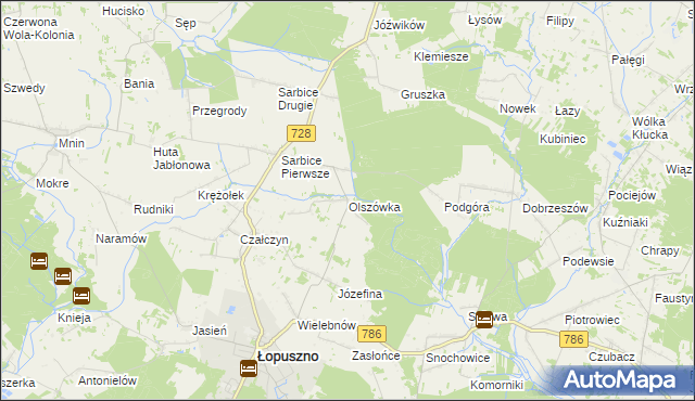 mapa Olszówka gmina Łopuszno, Olszówka gmina Łopuszno na mapie Targeo