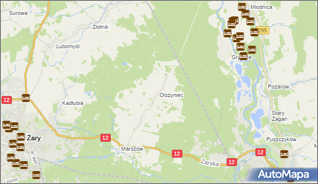 mapa Olszyniec gmina Żary, Olszyniec gmina Żary na mapie Targeo