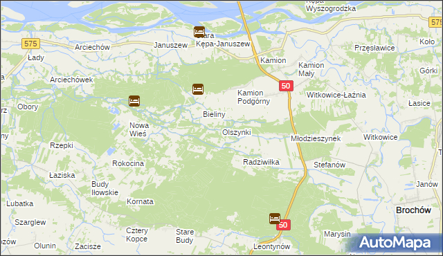mapa Olszynki gmina Młodzieszyn, Olszynki gmina Młodzieszyn na mapie Targeo