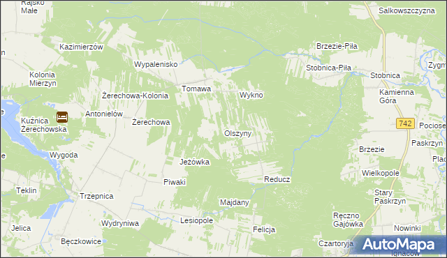 mapa Olszyny gmina Łęki Szlacheckie, Olszyny gmina Łęki Szlacheckie na mapie Targeo