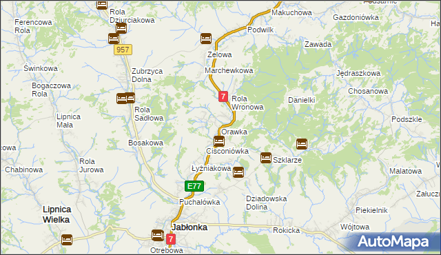 mapa Orawka gmina Jabłonka, Orawka gmina Jabłonka na mapie Targeo