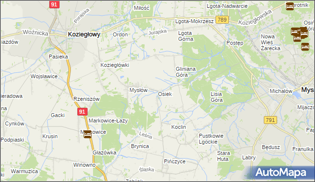 mapa Osiek gmina Koziegłowy, Osiek gmina Koziegłowy na mapie Targeo
