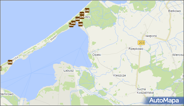 mapa Osieki gmina Sianów, Osieki gmina Sianów na mapie Targeo