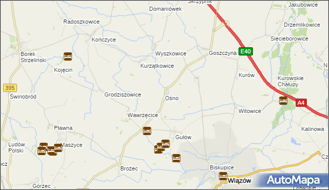 mapa Ośno gmina Wiązów, Ośno gmina Wiązów na mapie Targeo