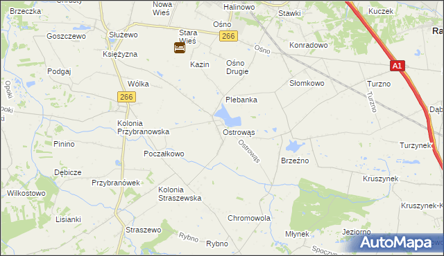 mapa Ostrowąs gmina Aleksandrów Kujawski, Ostrowąs gmina Aleksandrów Kujawski na mapie Targeo