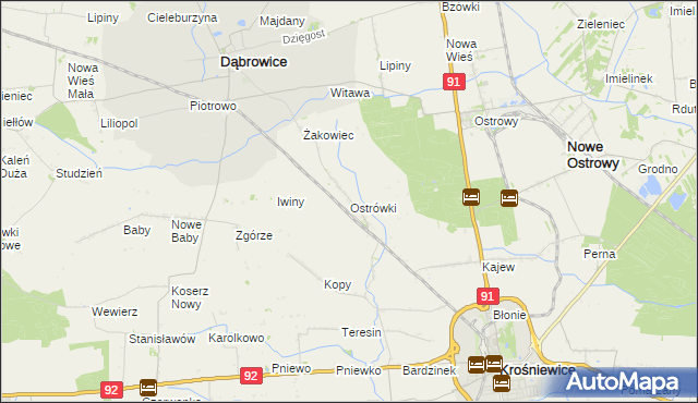 mapa Ostrówki gmina Dąbrowice, Ostrówki gmina Dąbrowice na mapie Targeo