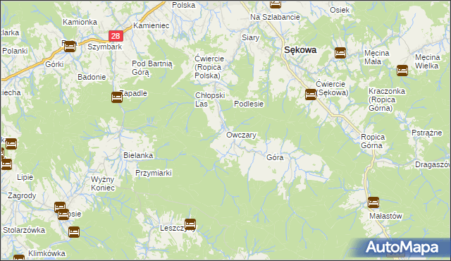 mapa Owczary gmina Sękowa, Owczary gmina Sękowa na mapie Targeo