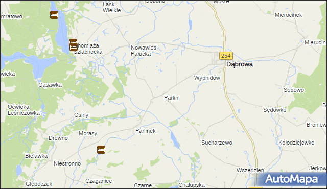 mapa Parlin gmina Dąbrowa, Parlin gmina Dąbrowa na mapie Targeo
