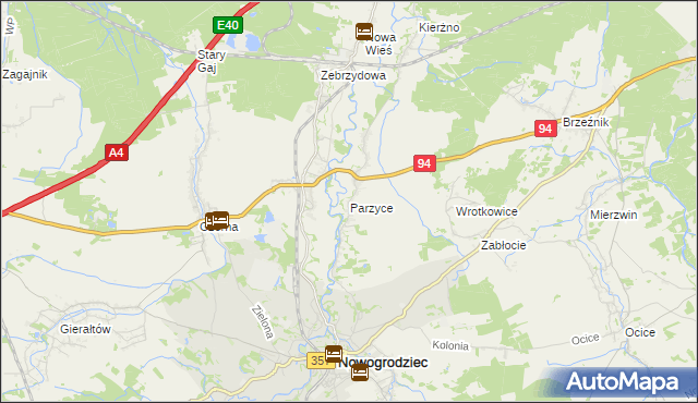 mapa Parzyce gmina Nowogrodziec, Parzyce gmina Nowogrodziec na mapie Targeo