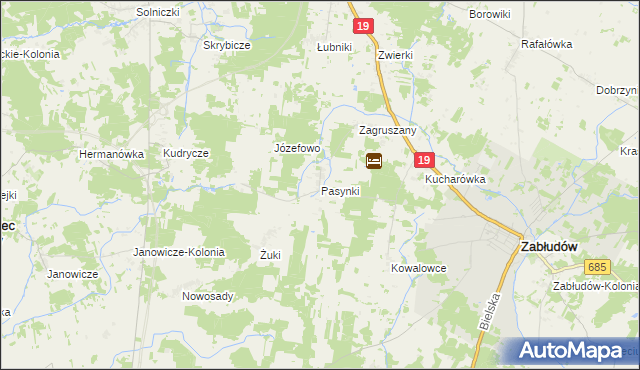 mapa Pasynki gmina Zabłudów, Pasynki gmina Zabłudów na mapie Targeo