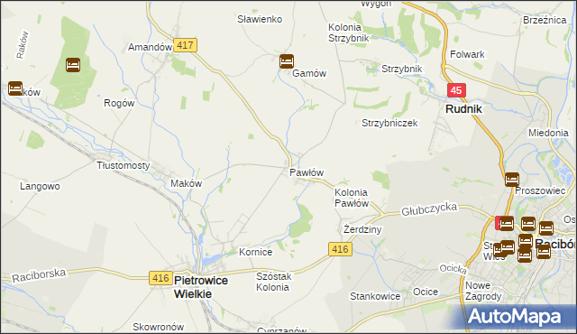 mapa Pawłów gmina Pietrowice Wielkie, Pawłów gmina Pietrowice Wielkie na mapie Targeo