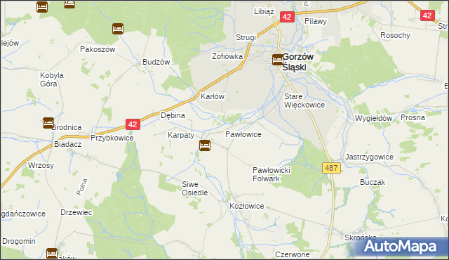 mapa Pawłowice gmina Gorzów Śląski, Pawłowice gmina Gorzów Śląski na mapie Targeo