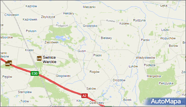 mapa Piaski gmina Świnice Warckie, Piaski gmina Świnice Warckie na mapie Targeo