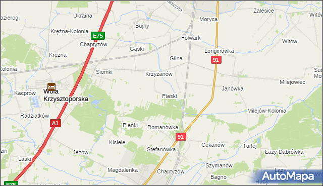 mapa Piaski gmina Wola Krzysztoporska, Piaski gmina Wola Krzysztoporska na mapie Targeo