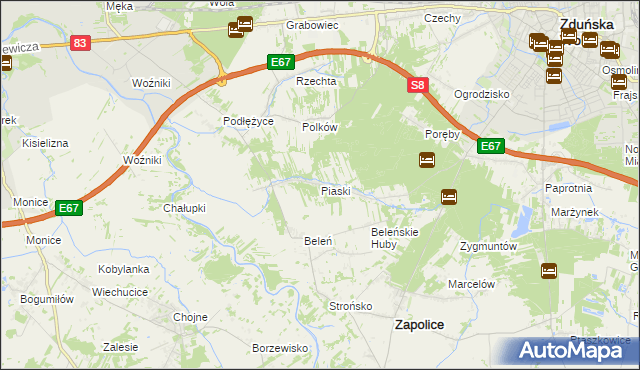 mapa Piaski gmina Zduńska Wola, Piaski gmina Zduńska Wola na mapie Targeo