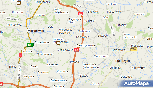 mapa Pielgrzymowice gmina Michałowice, Pielgrzymowice gmina Michałowice na mapie Targeo